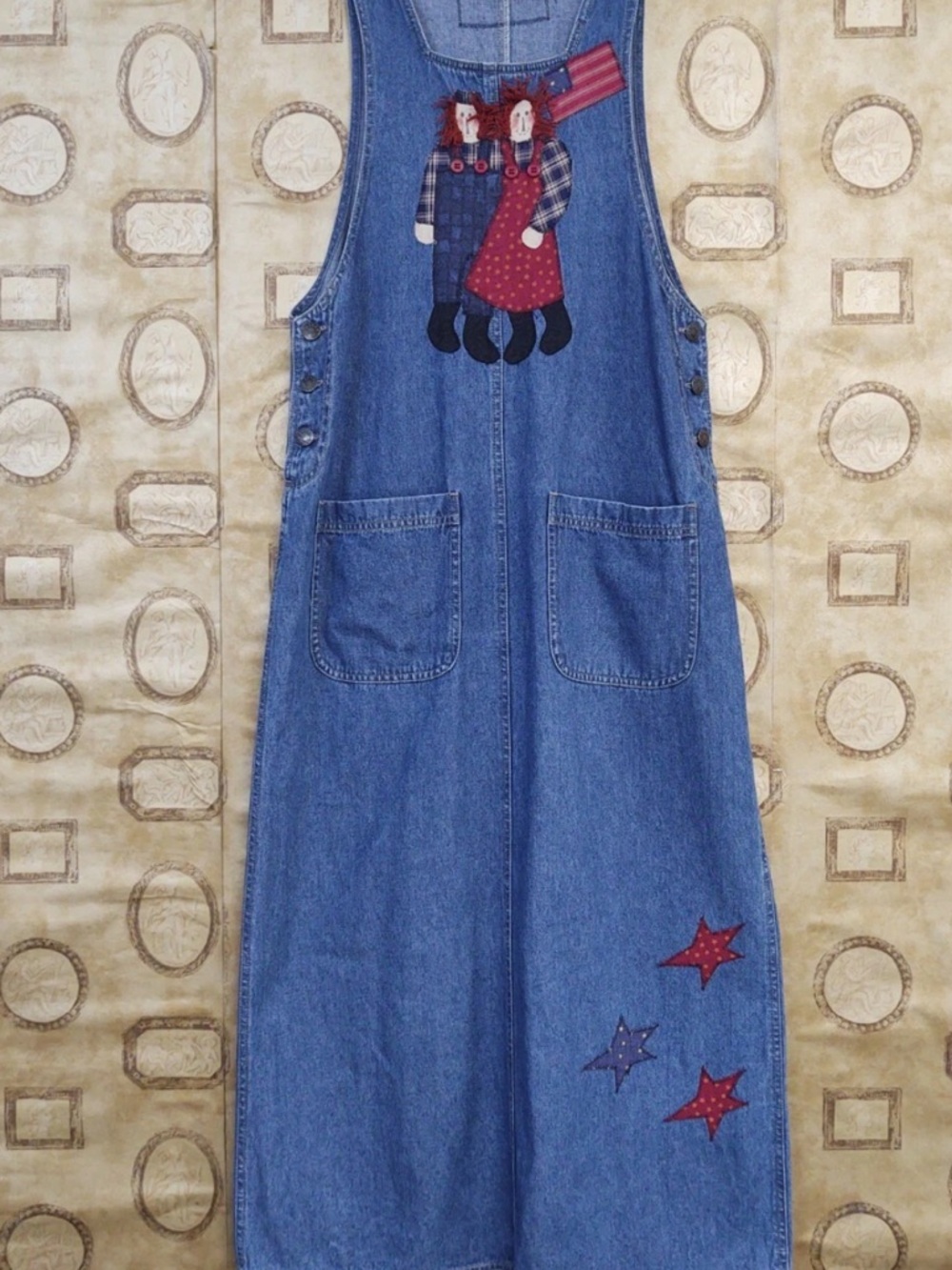Vintage 90’s Denim Pinafore Jumper with Folk Doll Appliqué - Picture 2 of 8